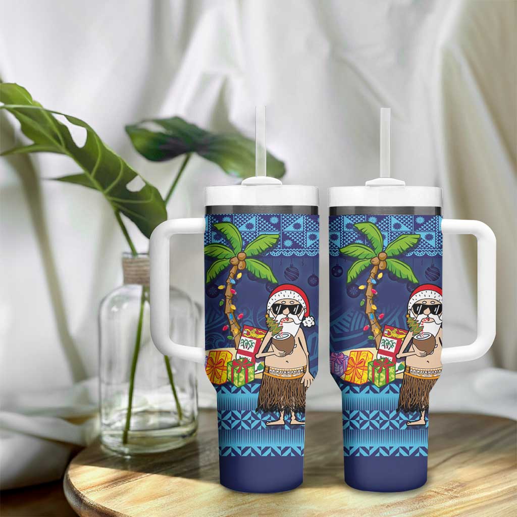 The Funny Santa Wears Sulu Christmas Tumbler With Handle Fijian Christmas Palm Tree With Masi Art Tattoo LT03 - Polynesian Pride