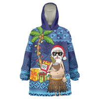 The Funny Santa Wears Sulu Christmas Wearable Blanket Hoodie Fijian Christmas Palm Tree With Masi Art Tattoo LT03 One Size Blue - Polynesian Pride