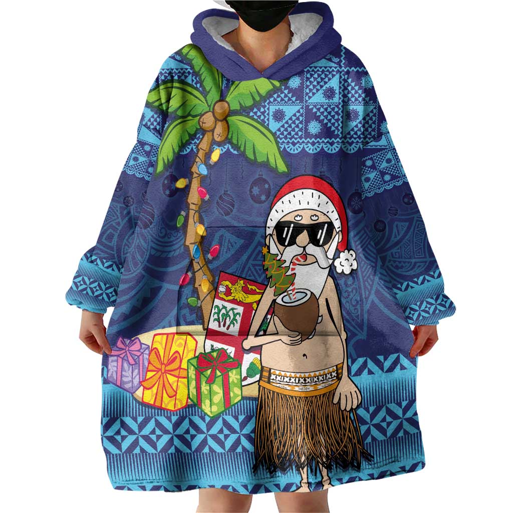 The Funny Santa Wears Sulu Christmas Wearable Blanket Hoodie Fijian Christmas Palm Tree With Masi Art Tattoo LT03 - Polynesian Pride