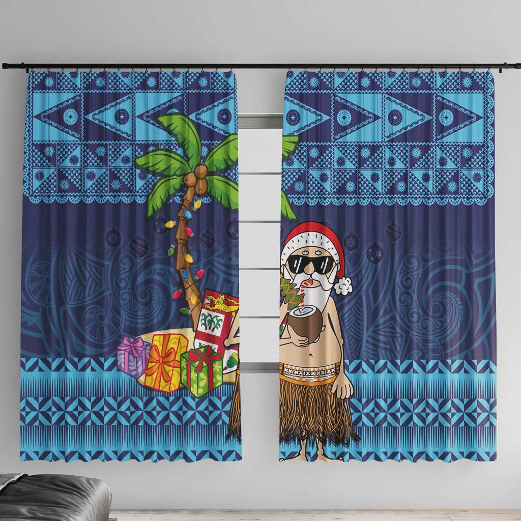 The Funny Santa Wears Sulu Christmas Window Curtain Fijian Christmas Palm Tree With Masi Art Tattoo LT03 With Hooks Blue - Polynesian Pride