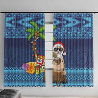 The Funny Santa Wears Sulu Christmas Window Curtain Fijian Christmas Palm Tree With Masi Art Tattoo LT03 With Hooks Blue - Polynesian Pride