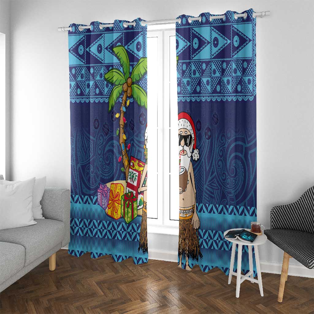 The Funny Santa Wears Sulu Christmas Window Curtain Fijian Christmas Palm Tree With Masi Art Tattoo LT03 With Grommets Blue - Polynesian Pride