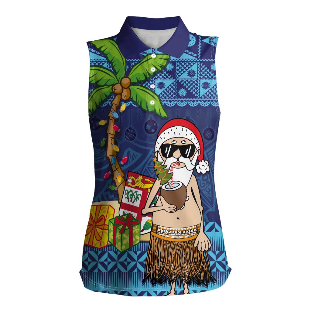 The Funny Santa Wears Sulu Christmas Women Sleeveless Polo Shirt Fijian Christmas Palm Tree With Masi Art Tattoo LT03 Female Blue - Polynesian Pride