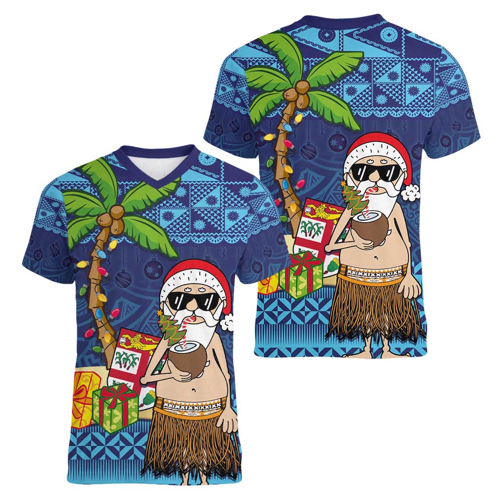 The Funny Santa Wears Sulu Christmas Women V-Neck T-Shirt Fijian Christmas Palm Tree With Masi Art Tattoo LT03 - Polynesian Pride