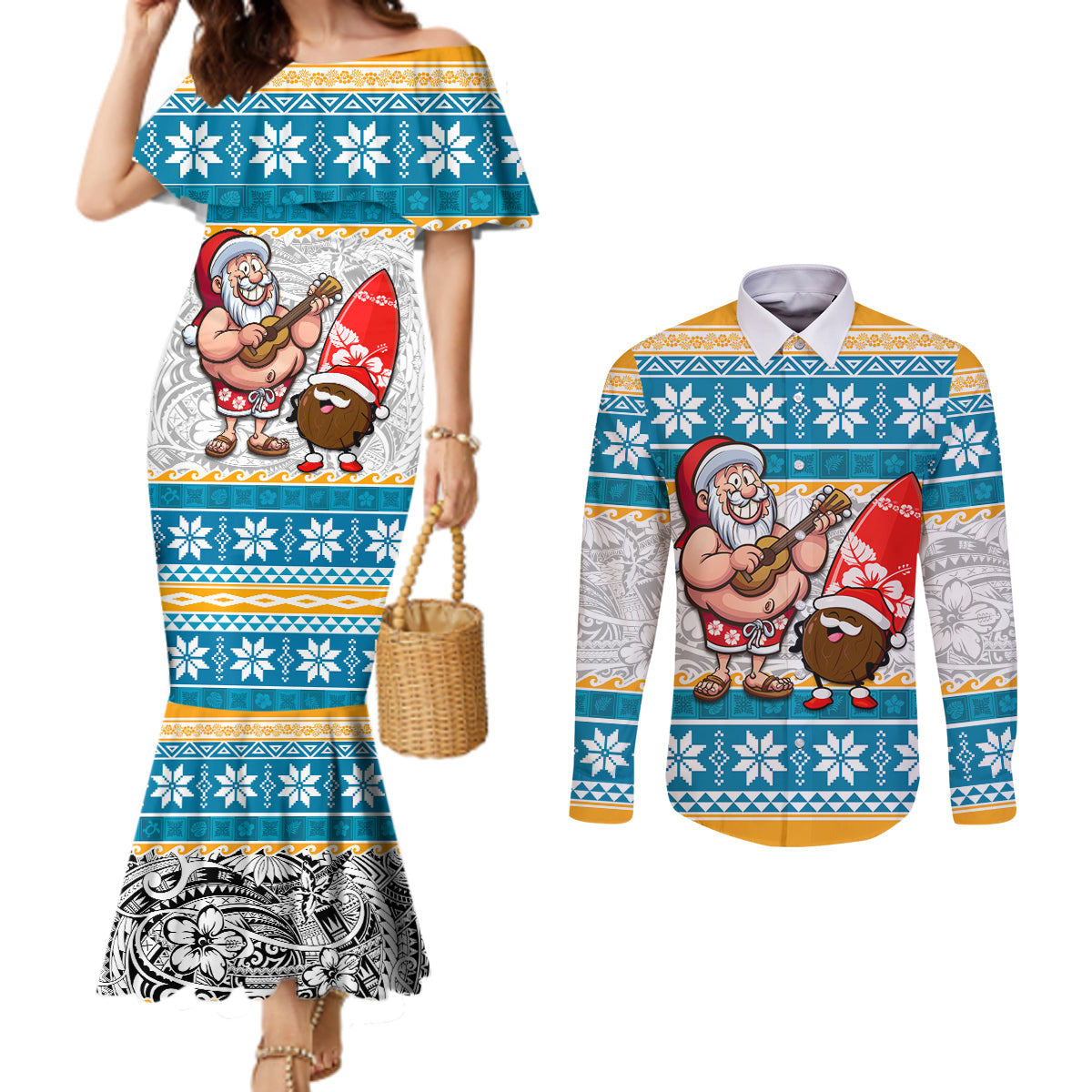 Hawaii Mele Kalikimaka Couples Matching Mermaid Dress and Long Sleeve Button Shirt Funny Santa and Coconut Mix Kakau Pattern LT03 Blue - Polynesian Pride