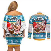Hawaii Mele Kalikimaka Couples Matching Off Shoulder Short Dress and Long Sleeve Button Shirt Funny Santa and Coconut Mix Kakau Pattern LT03 - Polynesian Pride