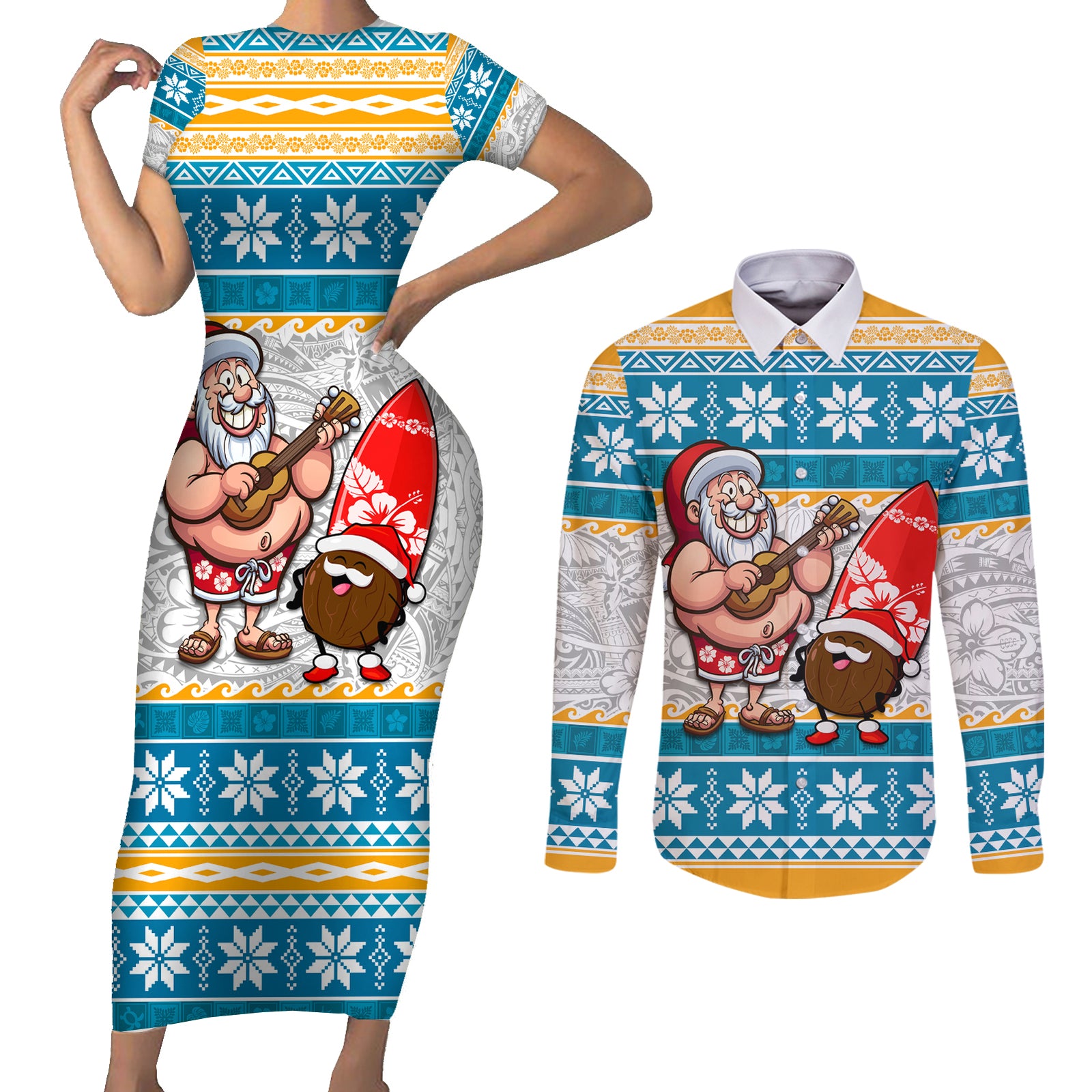 Hawaii Mele Kalikimaka Couples Matching Short Sleeve Bodycon Dress and Long Sleeve Button Shirt Funny Santa and Coconut Mix Kakau Pattern LT03 Blue - Polynesian Pride
