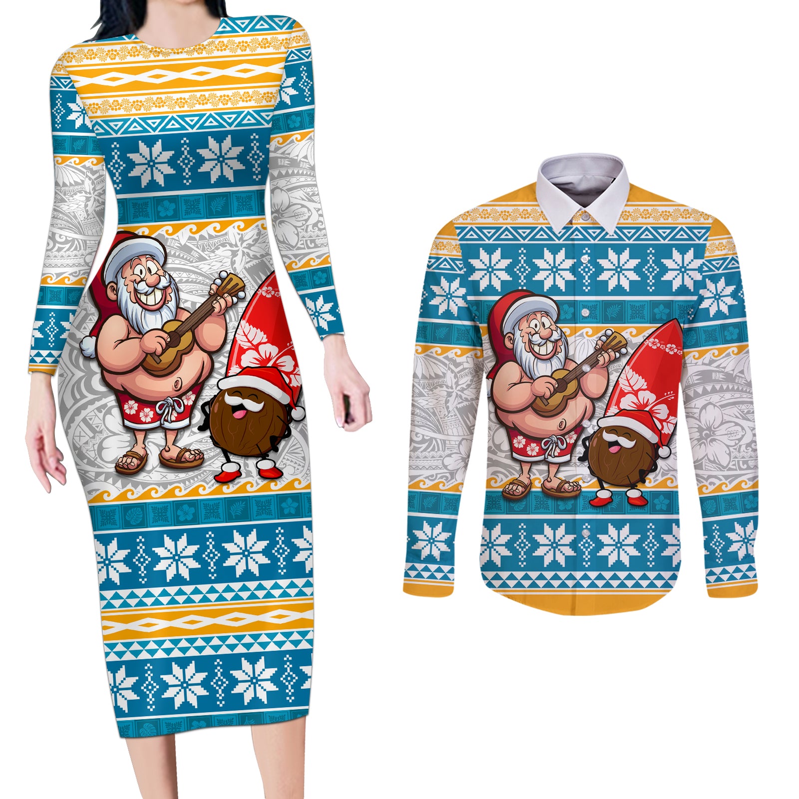 Custom Hawaii Mele Kalikimaka Couples Matching Long Sleeve Bodycon Dress and Long Sleeve Button Shirt Funny Santa and Coconut Mix Kakau Pattern LT03 Blue - Polynesian Pride