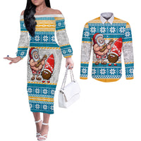 Custom Hawaii Mele Kalikimaka Couples Matching Off The Shoulder Long Sleeve Dress and Long Sleeve Button Shirt Funny Santa and Coconut Mix Kakau Pattern LT03 Blue - Polynesian Pride
