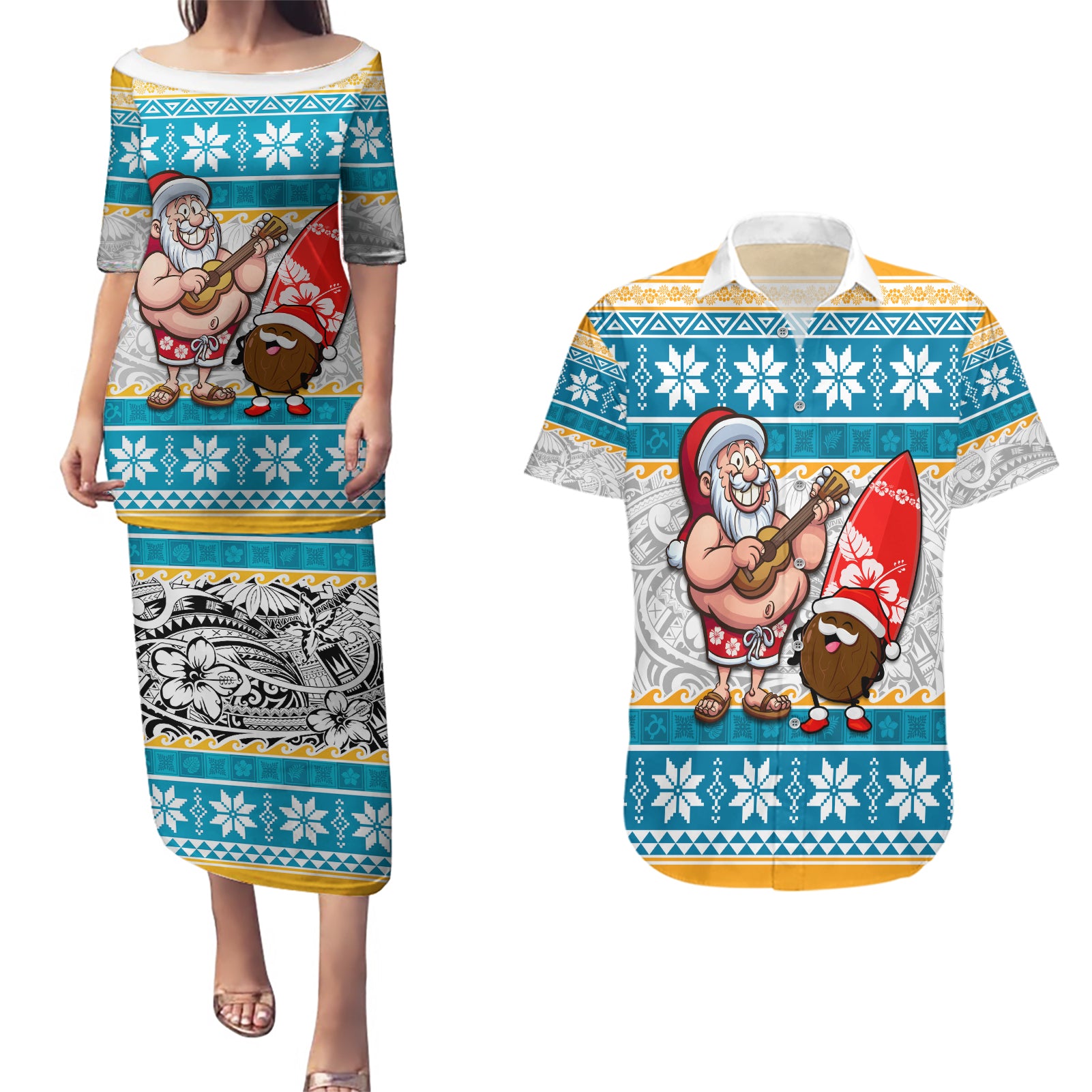 Custom Hawaii Mele Kalikimaka Couples Matching Puletasi Dress and Hawaiian Shirt Funny Santa and Coconut Mix Kakau Pattern LT03 Blue - Polynesian Pride
