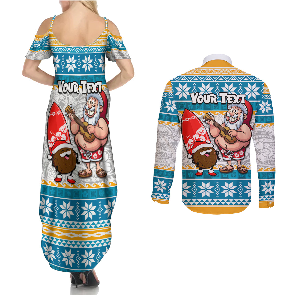 Custom Hawaii Mele Kalikimaka Couples Matching Summer Maxi Dress and Long Sleeve Button Shirt Funny Santa and Coconut Mix Kakau Pattern LT03 - Polynesian Pride