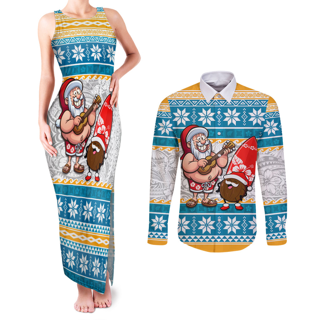 Custom Hawaii Mele Kalikimaka Couples Matching Tank Maxi Dress and Long Sleeve Button Shirt Funny Santa and Coconut Mix Kakau Pattern LT03 Blue - Polynesian Pride