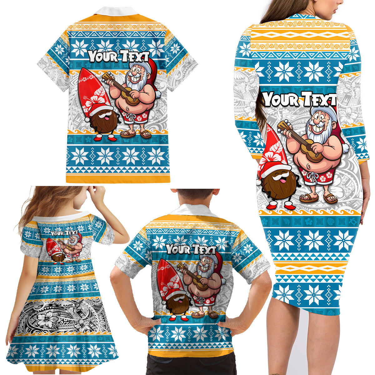 Custom Hawaii Mele Kalikimaka Family Matching Long Sleeve Bodycon Dress and Hawaiian Shirt Funny Santa and Coconut Mix Kakau Pattern LT03 - Polynesian Pride