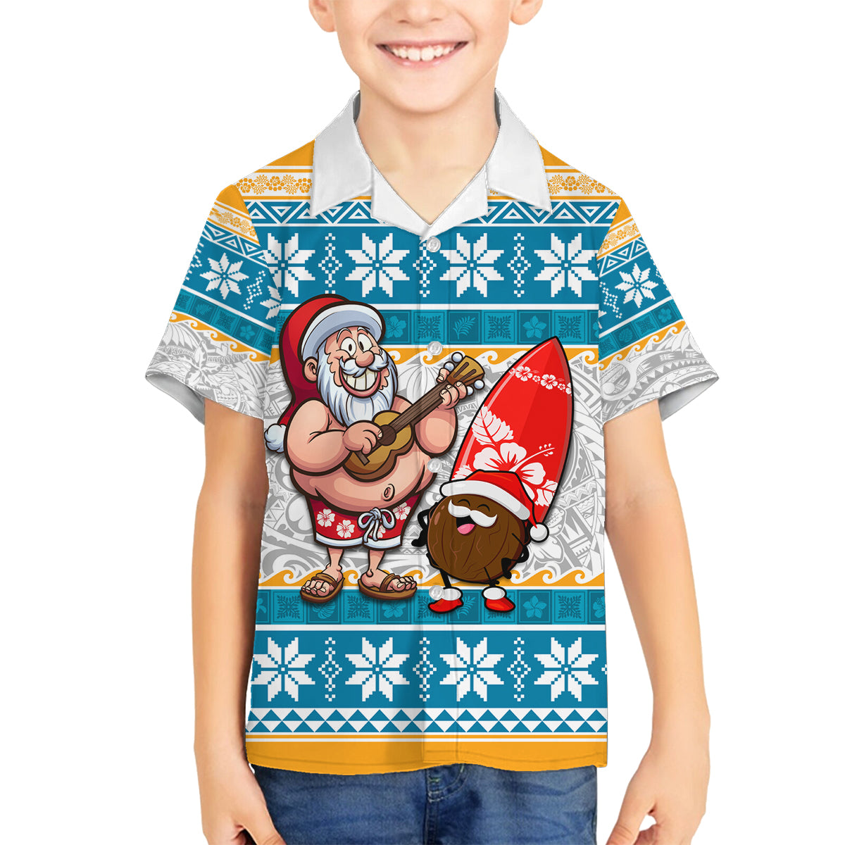Custom Hawaii Mele Kalikimaka Family Matching Long Sleeve Bodycon Dress and Hawaiian Shirt Funny Santa and Coconut Mix Kakau Pattern LT03 Son's Shirt Blue - Polynesian Pride