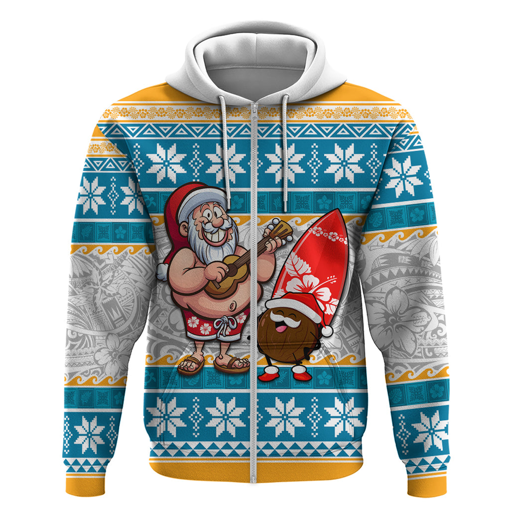 Custom Hawaii Mele Kalikimaka Hoodie Funny Santa and Coconut Mix Kakau Pattern LT03 Zip Hoodie Blue - Polynesian Pride