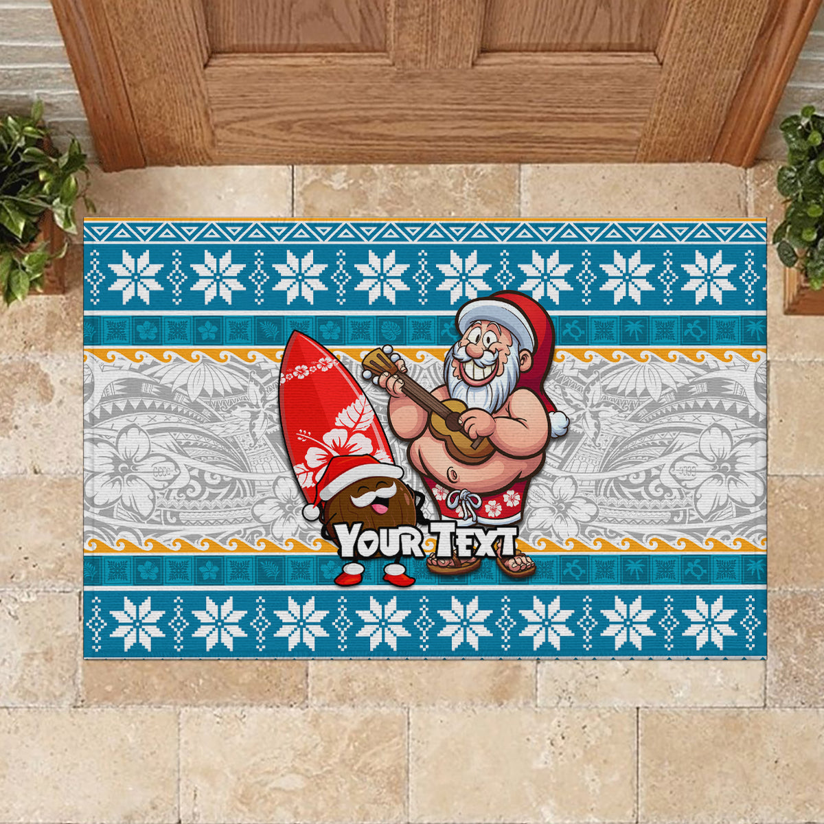 Custom Hawaii Mele Kalikimaka Rubber Doormat Funny Santa and Coconut Mix Kakau Pattern LT03 - Polynesian Pride