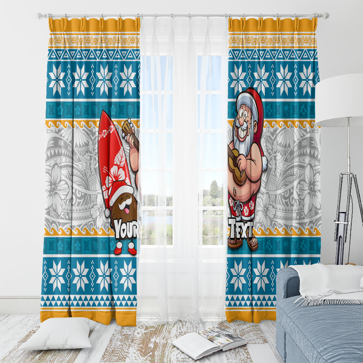 Custom Hawaii Mele Kalikimaka Window Curtain Funny Santa and Coconut Mix Kakau Pattern LT03 - Polynesian Pride