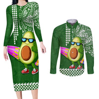 Hawaii Couples Matching Long Sleeve Bodycon Dress and Long Sleeve Button Shirt Aloha Funny Avocado Mix Kakau Hawaiian Tribal LT03 Green - Polynesian Pride