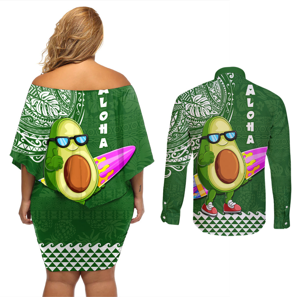 Hawaii Couples Matching Off Shoulder Short Dress and Long Sleeve Button Shirt Aloha Funny Avocado Mix Kakau Hawaiian Tribal LT03 - Polynesian Pride