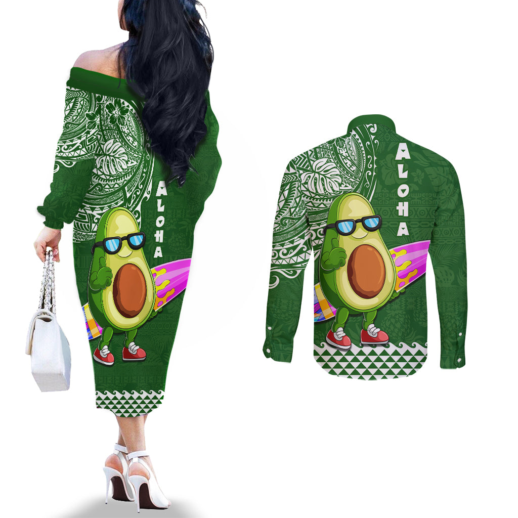 Hawaii Couples Matching Off The Shoulder Long Sleeve Dress and Long Sleeve Button Shirt Aloha Funny Avocado Mix Kakau Hawaiian Tribal LT03 - Polynesian Pride