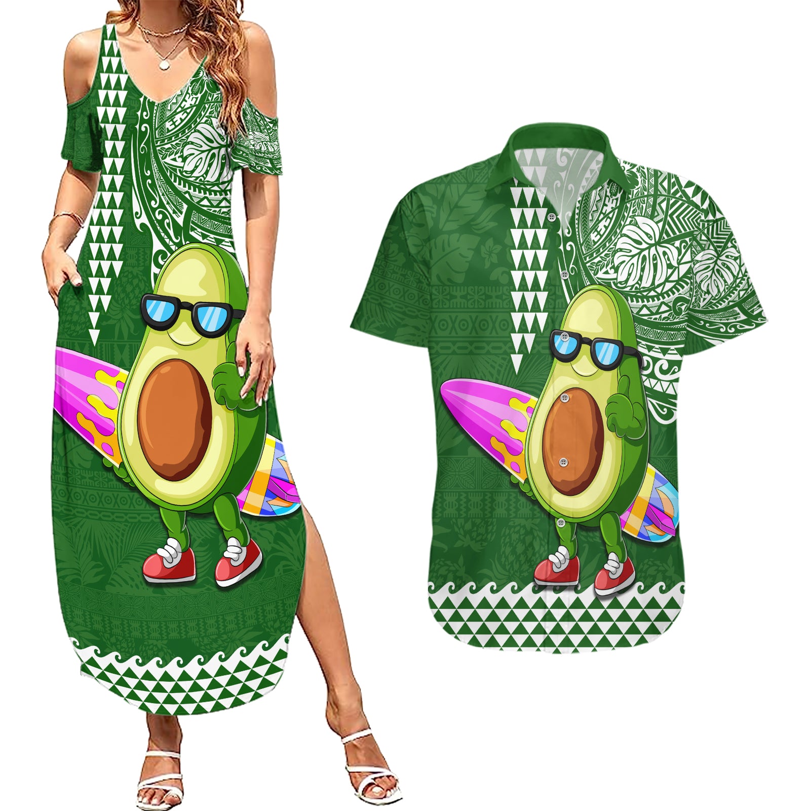 Hawaii Couples Matching Summer Maxi Dress and Hawaiian Shirt Aloha Funny Avocado Mix Kakau Hawaiian Tribal LT03 Green - Polynesian Pride