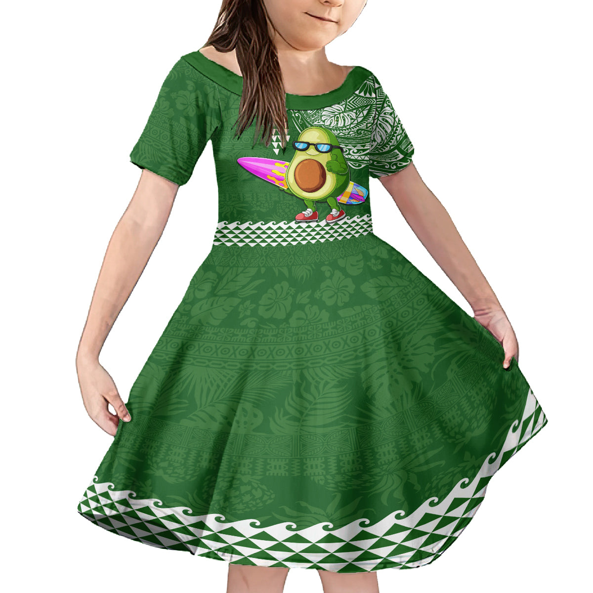Hawaii Family Matching Off Shoulder Long Sleeve Dress and Hawaiian Shirt Aloha Funny Avocado Mix Kakau Hawaiian Tribal LT03 Daughter's Dress Green - Polynesian Pride