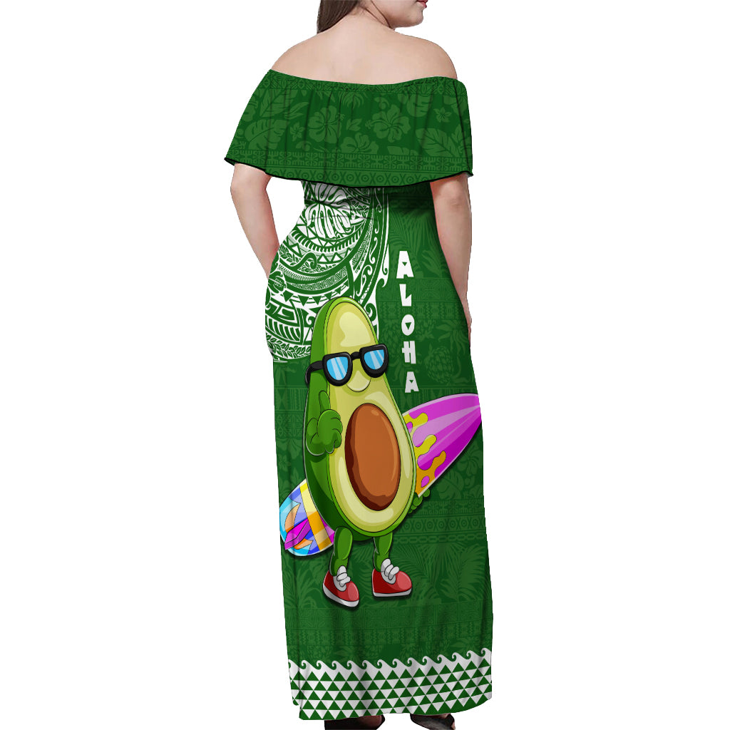 Hawaii Off Shoulder Maxi Dress Aloha Funny Avocado Mix Kakau Hawaiian Tribal LT03 - Polynesian Pride