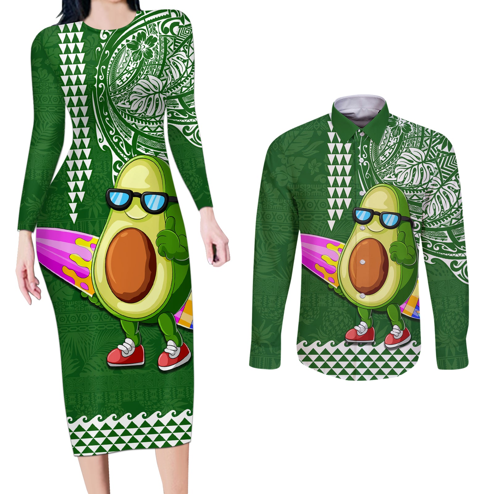 Aloha Avocado Funny Fruits Custom Couples Matching Long Sleeve Bodycon Dress and Long Sleeve Button Shirt Mix Hawaiian Kakau Tribal LT03 Green - Polynesian Pride