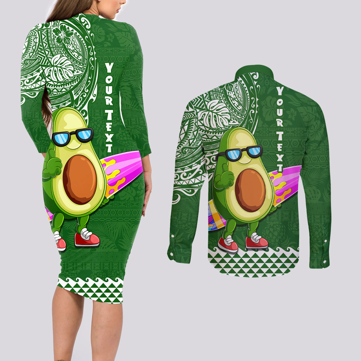 Aloha Avocado Funny Fruits Custom Couples Matching Long Sleeve Bodycon Dress and Long Sleeve Button Shirt Mix Hawaiian Kakau Tribal LT03 - Polynesian Pride