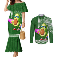 Aloha Avocado Funny Fruits Custom Couples Matching Mermaid Dress and Long Sleeve Button Shirt Mix Hawaiian Kakau Tribal LT03 Green - Polynesian Pride