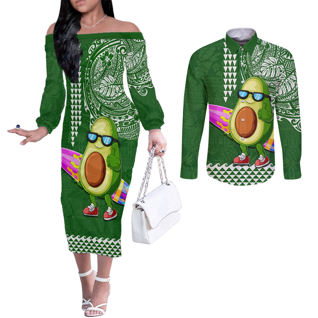 Aloha Avocado Funny Fruits Custom Couples Matching Off The Shoulder Long Sleeve Dress and Long Sleeve Button Shirt Mix Hawaiian Kakau Tribal LT03 Green - Polynesian Pride