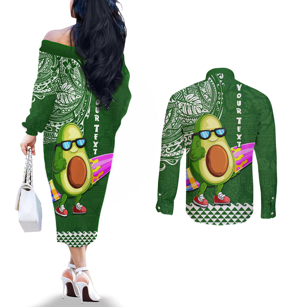 Aloha Avocado Funny Fruits Custom Couples Matching Off The Shoulder Long Sleeve Dress and Long Sleeve Button Shirt Mix Hawaiian Kakau Tribal LT03 - Polynesian Pride