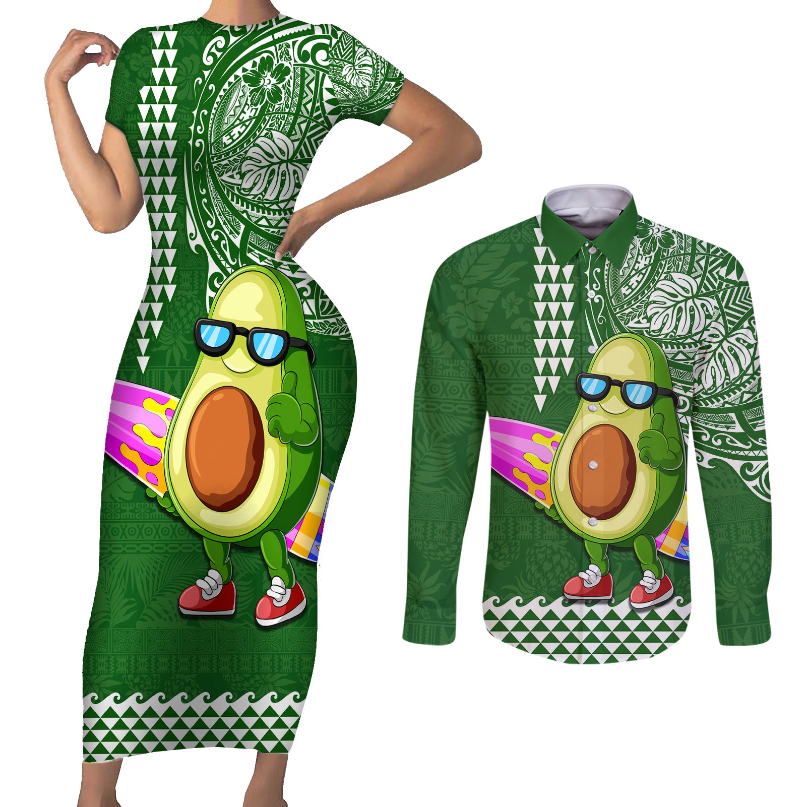 Aloha Avocado Funny Fruits Custom Couples Matching Short Sleeve Bodycon Dress and Long Sleeve Button Shirt Mix Hawaiian Kakau Tribal LT03 Green - Polynesian Pride
