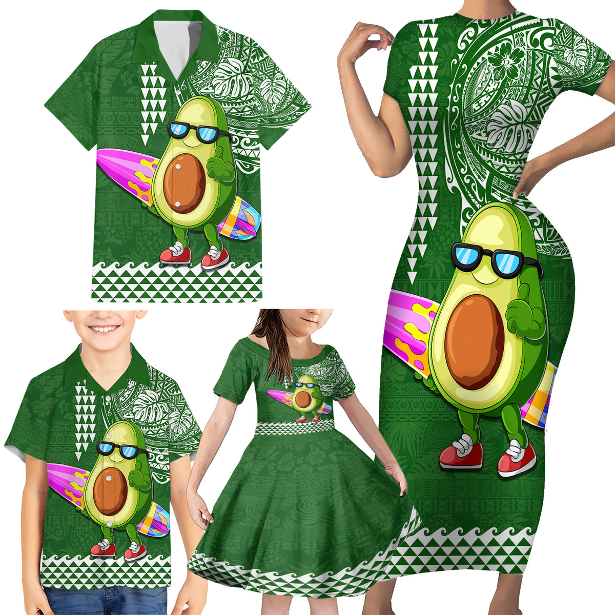 Aloha Avocado Funny Fruits Custom Family Matching Short Sleeve Bodycon Dress and Hawaiian Shirt Mix Hawaiian Kakau Tribal LT03 - Polynesian Pride