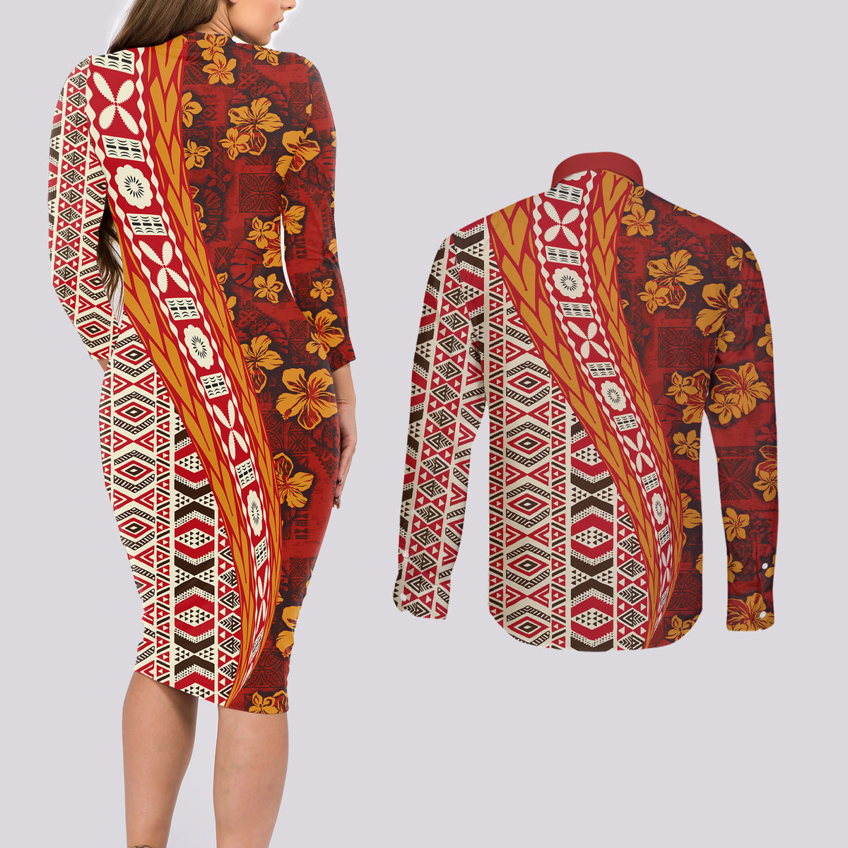 Hawaii Native Tapa Elements and Hibiscus Flowers Couples Matching Long Sleeve Bodycon Dress and Long Sleeve Button Shirt LT03 - Polynesian Pride