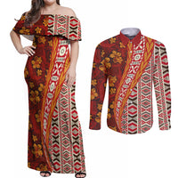 Hawaii Native Tapa Elements and Hibiscus Flowers Couples Matching Off Shoulder Maxi Dress and Long Sleeve Button Shirt LT03 Red - Polynesian Pride