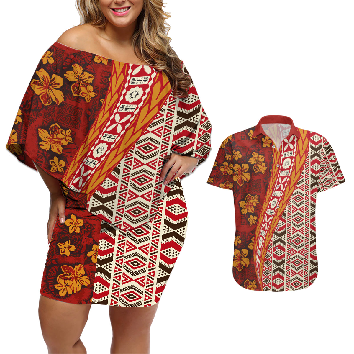 Hawaii Native Tapa Elements and Hibiscus Flowers Couples Matching Off Shoulder Short Dress and Hawaiian Shirt LT03 Red - Polynesian Pride