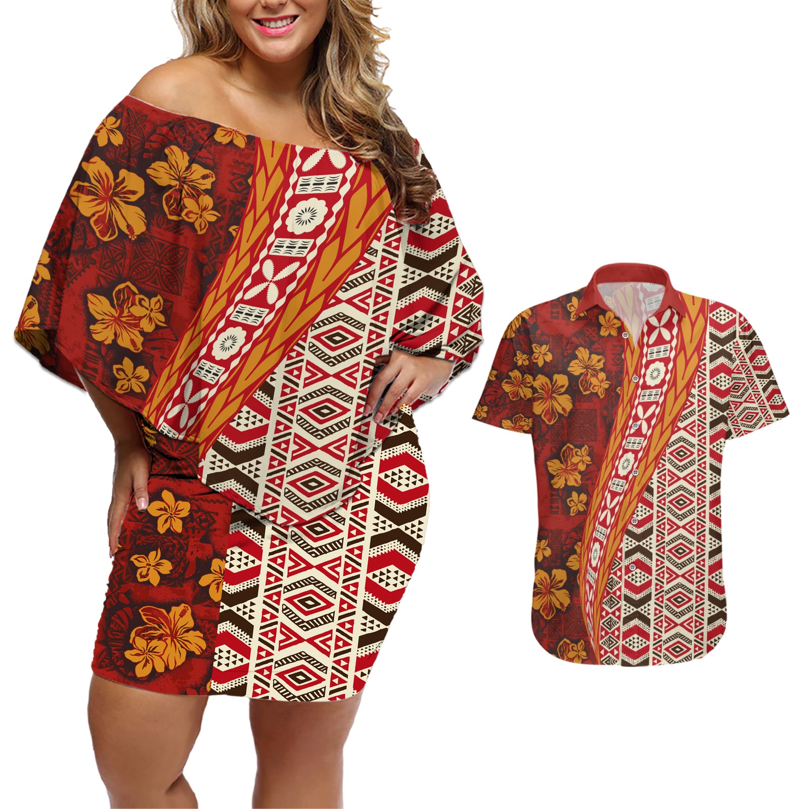 Hawaii Native Tapa Elements and Hibiscus Flowers Couples Matching Off Shoulder Short Dress and Hawaiian Shirt LT03 Red - Polynesian Pride