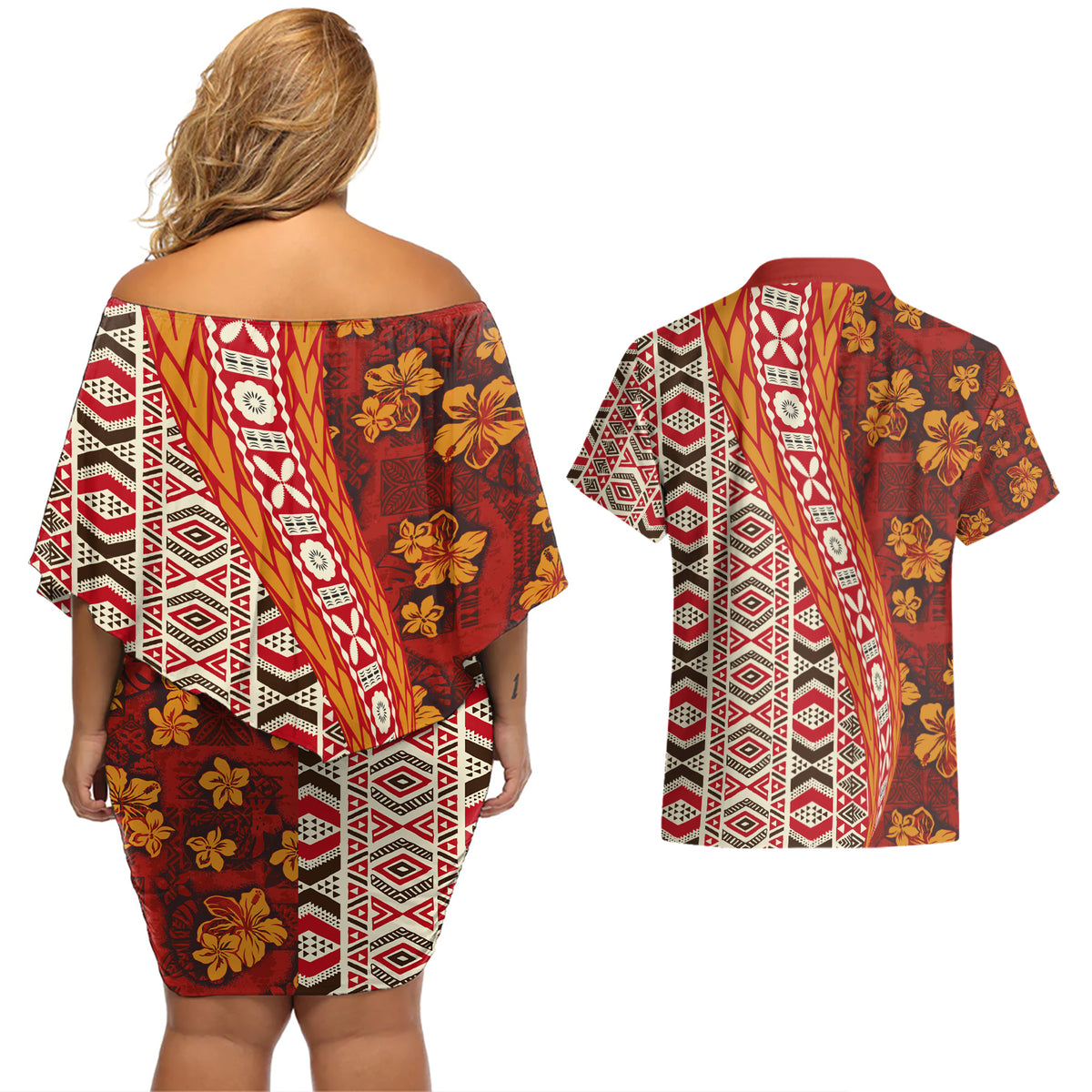 Hawaii Native Tapa Elements and Hibiscus Flowers Couples Matching Off Shoulder Short Dress and Hawaiian Shirt LT03 - Polynesian Pride