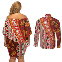 Hawaii Native Tapa Elements and Hibiscus Flowers Couples Matching Off Shoulder Short Dress and Long Sleeve Button Shirt LT03 - Polynesian Pride