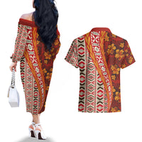 Hawaii Native Tapa Elements and Hibiscus Flowers Couples Matching Off The Shoulder Long Sleeve Dress and Hawaiian Shirt LT03 - Polynesian Pride