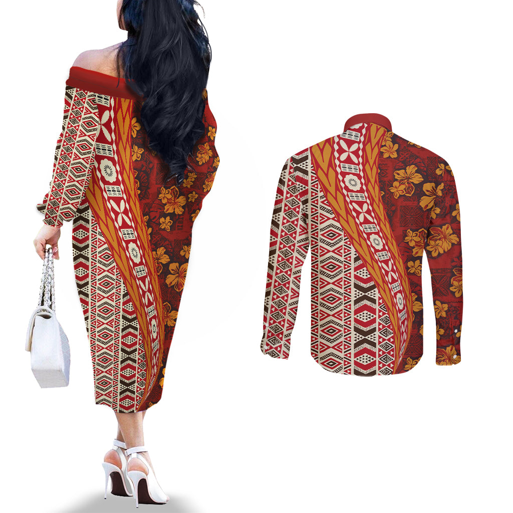 Hawaii Native Tapa Elements and Hibiscus Flowers Couples Matching Off The Shoulder Long Sleeve Dress and Long Sleeve Button Shirt LT03 - Polynesian Pride