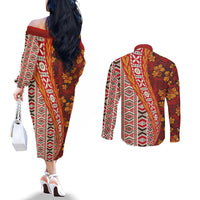 Hawaii Native Tapa Elements and Hibiscus Flowers Couples Matching Off The Shoulder Long Sleeve Dress and Long Sleeve Button Shirt LT03 - Polynesian Pride