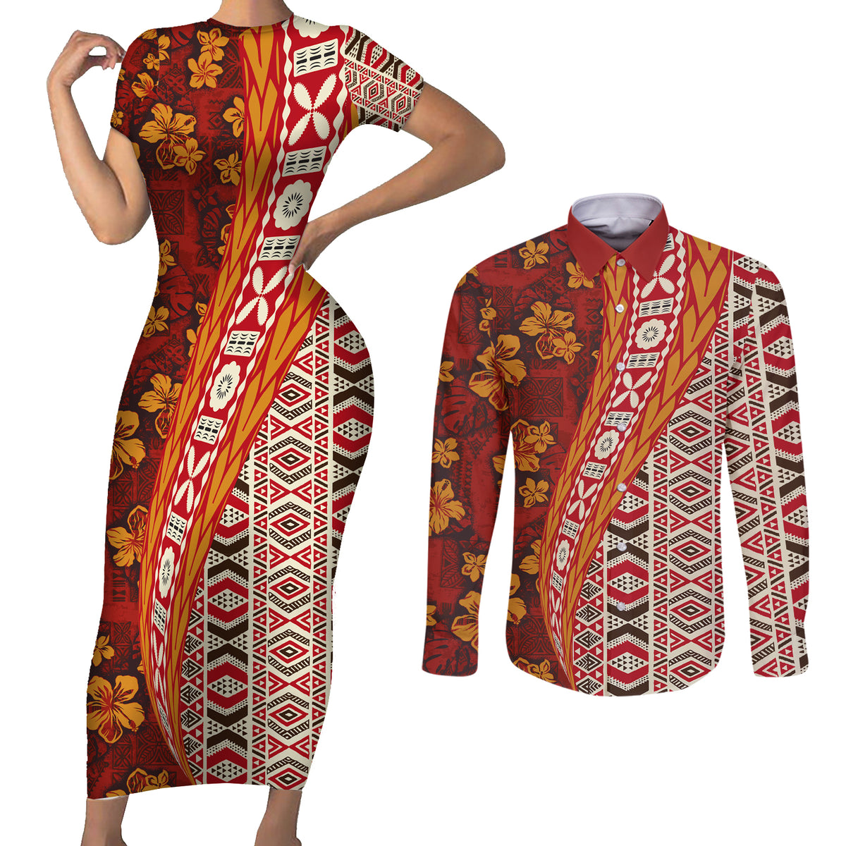 Hawaii Native Tapa Elements and Hibiscus Flowers Couples Matching Short Sleeve Bodycon Dress and Long Sleeve Button Shirt LT03 Red - Polynesian Pride