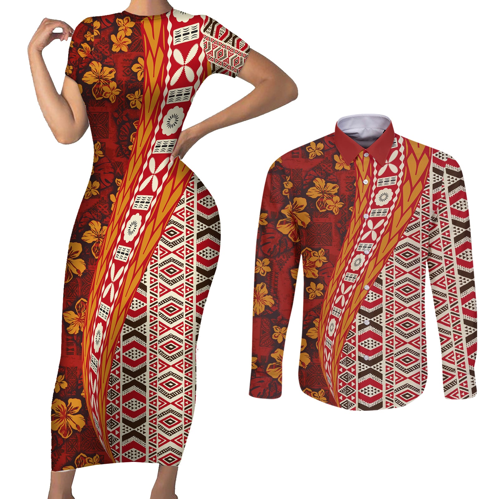 Hawaii Native Tapa Elements and Hibiscus Flowers Couples Matching Short Sleeve Bodycon Dress and Long Sleeve Button Shirt LT03 Red - Polynesian Pride