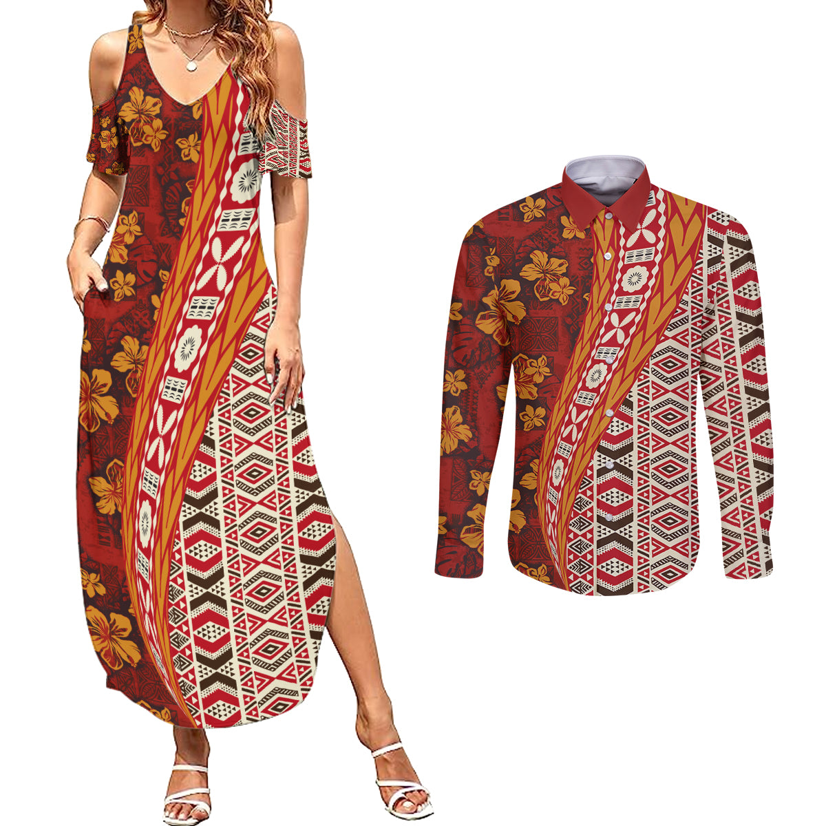 Hawaii Native Tapa Elements and Hibiscus Flowers Couples Matching Summer Maxi Dress and Long Sleeve Button Shirt LT03 Red - Polynesian Pride