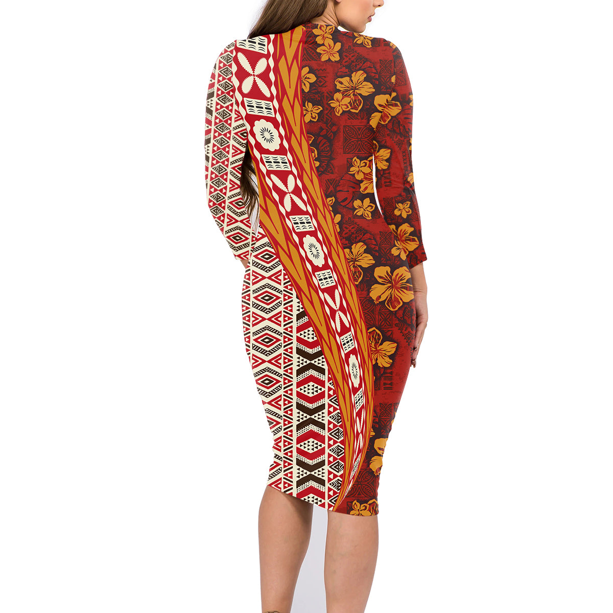 Hawaii Native Tapa Elements and Hibiscus Flowers Family Matching Long Sleeve Bodycon Dress and Hawaiian Shirt LT03 - Polynesian Pride