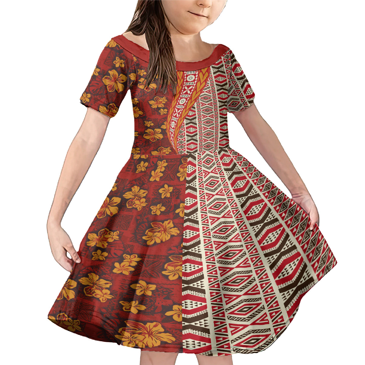 Hawaii Native Tapa Elements and Hibiscus Flowers Family Matching Mermaid Dress and Hawaiian Shirt LT03 Daughter's Dress Red - Polynesian Pride