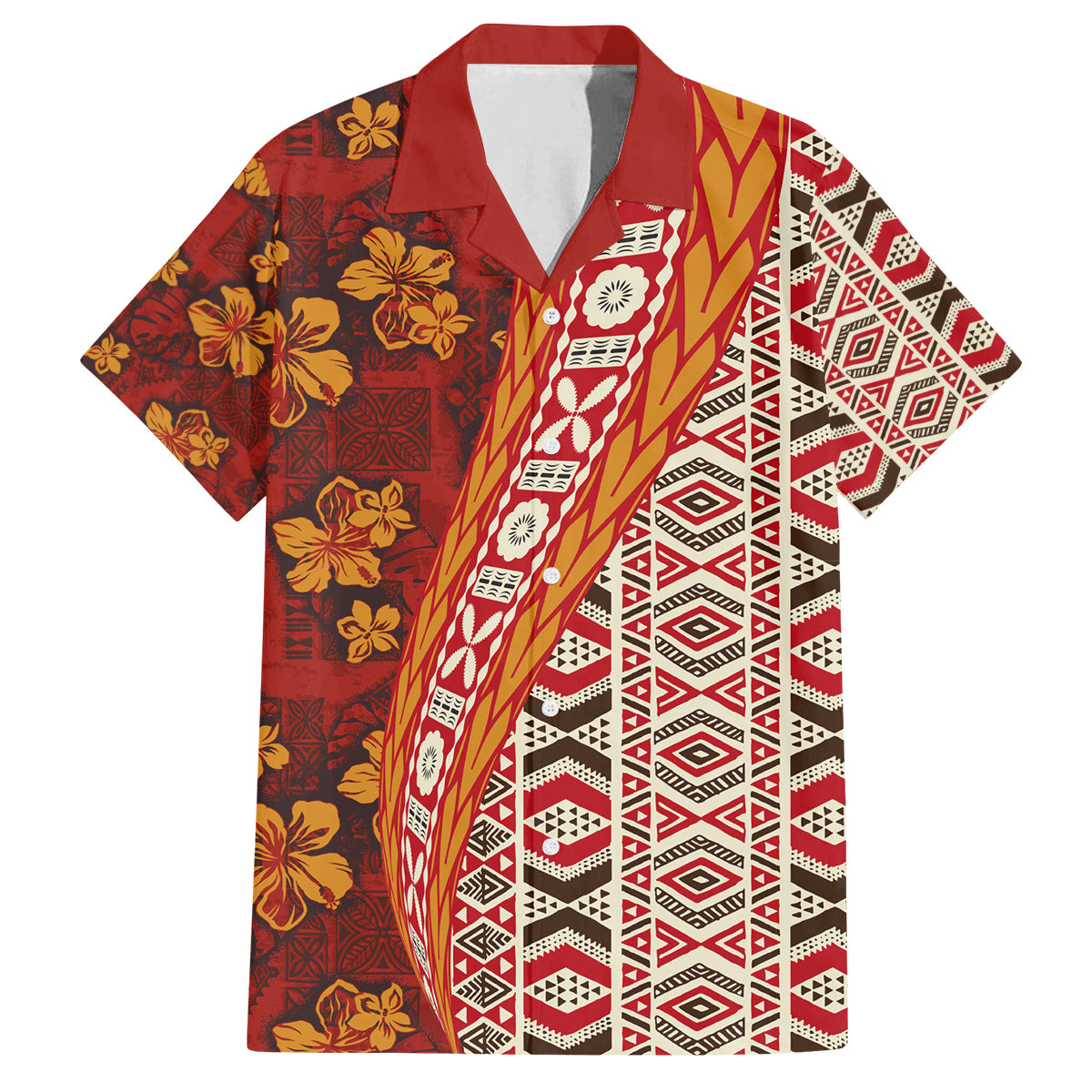 Hawaii Native Tapa Elements and Hibiscus Flowers Family Matching Off Shoulder Short Dress and Hawaiian Shirt LT03 Dad's Shirt - Short Sleeve Red - Polynesian Pride