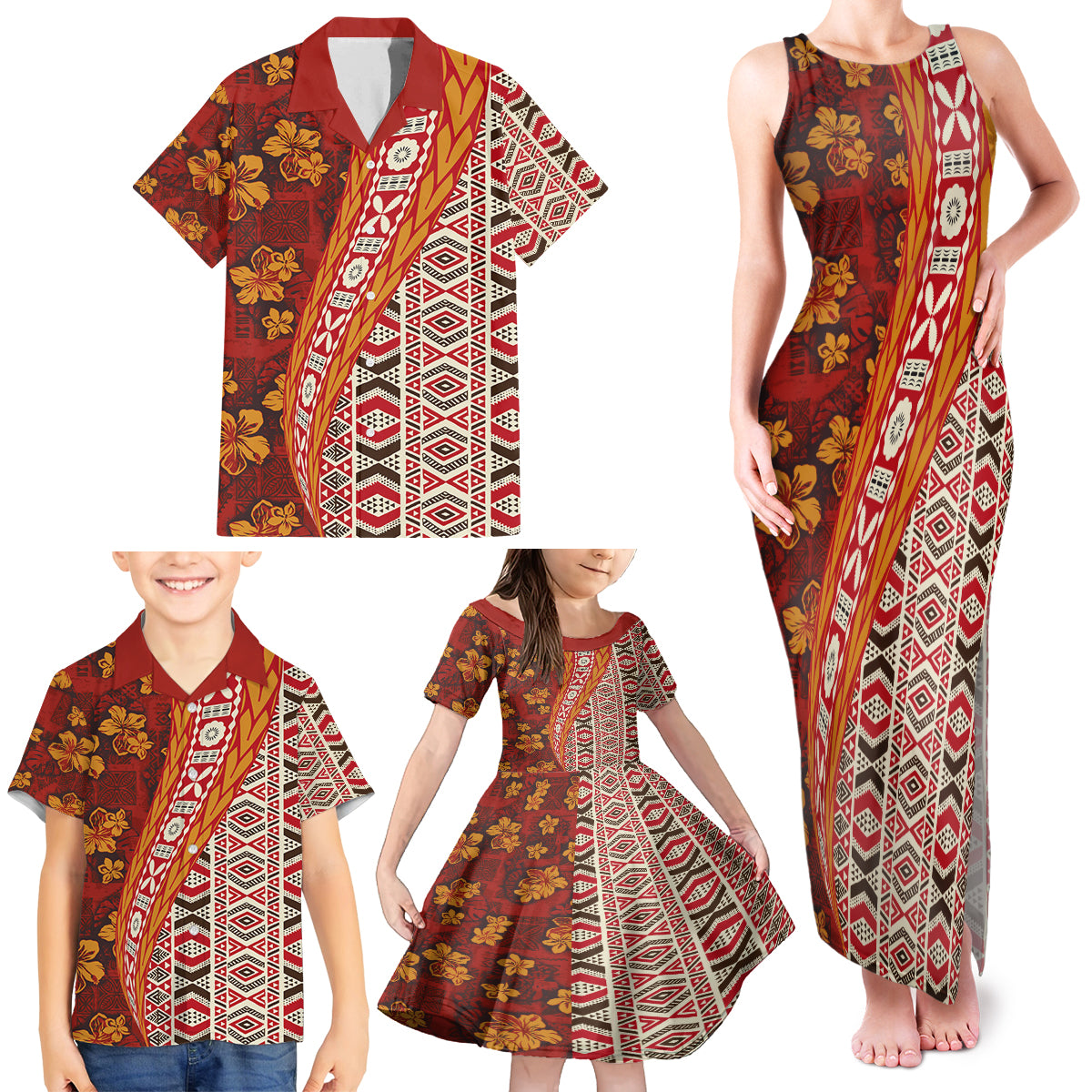 Hawaii Native Tapa Elements and Hibiscus Flowers Family Matching Tank Maxi Dress and Hawaiian Shirt LT03 - Polynesian Pride